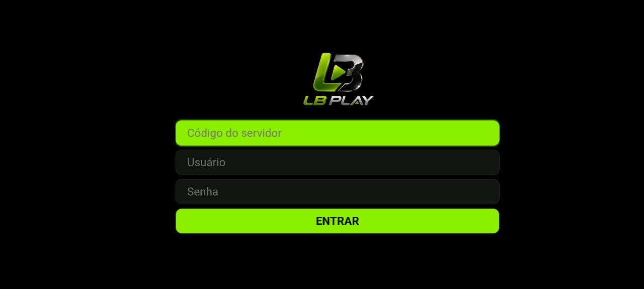 Tela de acesso do aplicativo LB Play com os campos código do servidor, usuário e senha